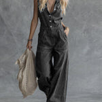 Women's Shirt Collar Sleeveless Casual Loose Denim Wide-leg Jumpsuit