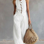 Women's Solid Color Stand-collar Sleeveless Casual Loose Cotton And Linen Top, And High-waisted Casual Loose Wide-leg Pants Set.