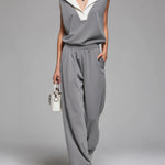 Women's Lapel Sleeveless Casual Loose Top And Elastic Waist Loose Wide-leg Pants Cotton Set