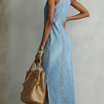 Retro Cozy Lace Print Denim Midi Dress