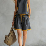 Women's Round Neck Sleeveless Casual Loose Vest And Elastic Waist Casual Loose Shorts Cotton And Linen Set.