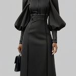 Fashionable Patchwork Leather Lantern Sleeve Denim Dress