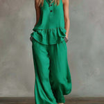 Women's Round Neck Sleeveless Casual Loose Cotton Top And High Waist Casual Loose Wide Leg Pants Set
