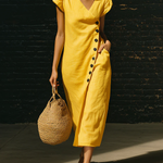 Elegant V-neck Button-up Linen Midi Dress