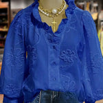 Women's Vintage Flower Art Print Casual Cotton And Linen Ruffle Shirt