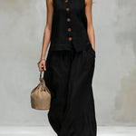 Comfortable And Casual V-neck Sleeveless Button-down Top And Trousers Set
