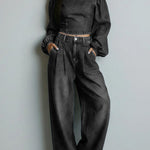 Women's Off-the-shoulder Long-sleeved Casual Loose Denim Top And High-waisted Wide-leg Jeans Set.