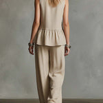 Women's Round Neck Sleeveless Casual Loose Cotton Top And High Waist Casual Loose Wide Leg Pants Set