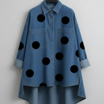 Elegant Artistic Polka Dot Print Stand-collar Denim Top