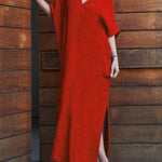 Women's Solid Color V-neck 3/4 Sleeve Casual Loose Cotton And Linen Dress
