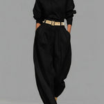 Casual Linen And Cotton Crew-neck Shirt And High-waisted Tapered Trousers Two-piece Set.