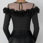 Fashionable Patchwork Mesh Organza Ruffled Denim Top