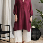 Women's Solid Color V-neck 3/4 Sleeve Casual Loose Fit Cotton Long Shirt