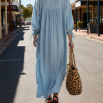 Women's Solid Color Round Neck Long-sleeved Casual Loose Pleated Cotton And Linen Dress