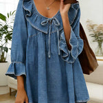 Women's Ruffled V-neck 3/4sleeved Loose-fitting Denim Top