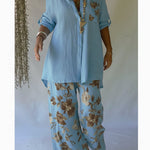 Casual Floral Print Linen And Cotton Shirt And Trousers Two-piece Set