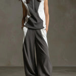 Women's Stand-collar Sleeveless Loose-fitting Cotton Top And Elastic-waist Loose Wide-leg Cotton Pants Set.
