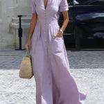 Women's Casual Urban Plain Buttoned Shirt Collar Maxi Cotton Dress