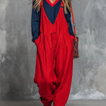 Women's Color-block Patchwork Round Neck Long-sleeved Casual Loose Top And Cotton And Linen Suspender Wide-leg Jumpsuit Set.