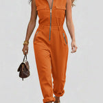 Fashionable And Casual Zippered Sleeveless Cotton Jumpsuit