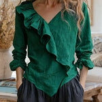 Women's Solid Color V-neck Long Sleeve Casual Loose Ruffled Cotton Linen Top