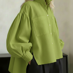 Elegant Stand-collar Puff-sleeved Cotton Shirt