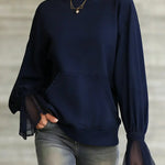 Women's Solid Color Round Neck Long-sleeved Casual Loose Sweatshirt With Mesh Paneling.