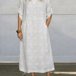 Women's Solid Color Lapel Long-sleeved Casual Loose Cotton Embroidered Dress