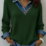 Casual Patchwork Denim Knit Top