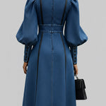 Fashionable Patchwork Leather Lantern Sleeve Denim Dress