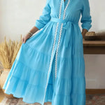 Elegant Collared Lace-trimmed Multi-layered Hem Shirt Dress