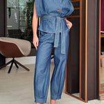 Women's Lapel Sleeveless Casual Loose Denim Top And High-waisted Casual Loose Wide-leg Denim Pants Set.