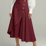 Women's Solid Color Elastic Waist Casual Loose-fitting Linen Midi Skirt.