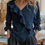 Women's Solid Color V-neck Long Sleeve Casual Loose Ruffled Cotton Linen Top