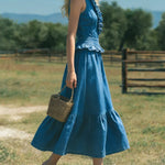 Women's Retro Elegant Stylish Zip High-Neck Sleeveless Ruffled Denim Dress
