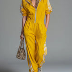 Women's Casual Patchwork Striped Cotton Hooded Jumpsuit