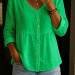 Women's Linen Cotton Blend Shirt - 3/4 Sleeve Crew Neck Loose Hip-Length Casual Blouse