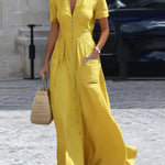 Women's Casual Urban Plain Buttoned Shirt Collar Maxi Cotton Dress