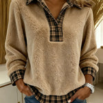 Women's Plaid Color-blocked Cardigan Collar Long-sleeved Casual Loose Sweatshirt