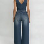 Women's V-neck Sleeveless Casual Loose Denim Wide-leg Jumpsuit