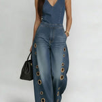 Women's V-neck Sleeveless Casual Loose Denim Wide-leg Jumpsuit