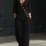 Minimalist V-neck Shirt And Wide-leg Pants Two-piece Set