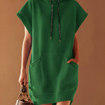 Women's Solid Color Short-sleeved Casual Loose Hooded Sweatshirt Dress