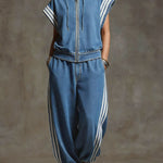 Women's Stand-collar Short-sleeved Casual Loose Denim Top And High-waisted Wide-leg Jeans Set.