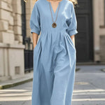 Women's V-neck 3/4 Sleeve Casual Loose Cotton And Linen Dress