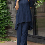 Women's Round Neck Short Sleeve Casual Loose Pleated Top And High-waisted Wide-leg Pants Cotton And Linen Set.