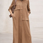 Women's Solid Color Lapel Long-sleeved Casual Loose Cotton And Linen Shirt Dress