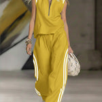Women's Casual Patchwork Striped Zip-up Top And Pants Two-piece Set