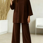 Women's Solid Color High-neck Long-sleeved Casual Loose Top With Elastic Waist And Wide-leg Pants Autumn/winter Set