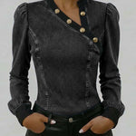 Women's Stand Collar Long Sleeve Casual Slim Fit Denim Top